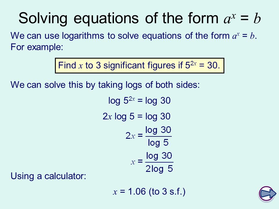 Solving equations of the form a x = b We can use logarithms to solve equations of the form a x = b.