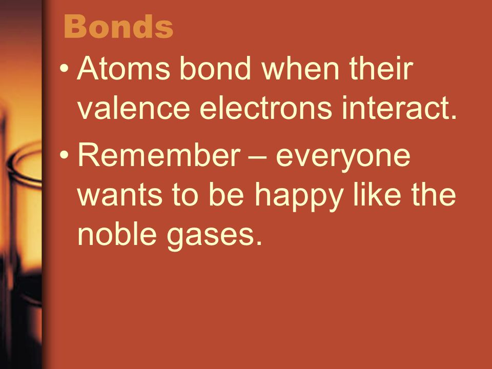 Bonds Atoms bond when their valence electrons interact.
