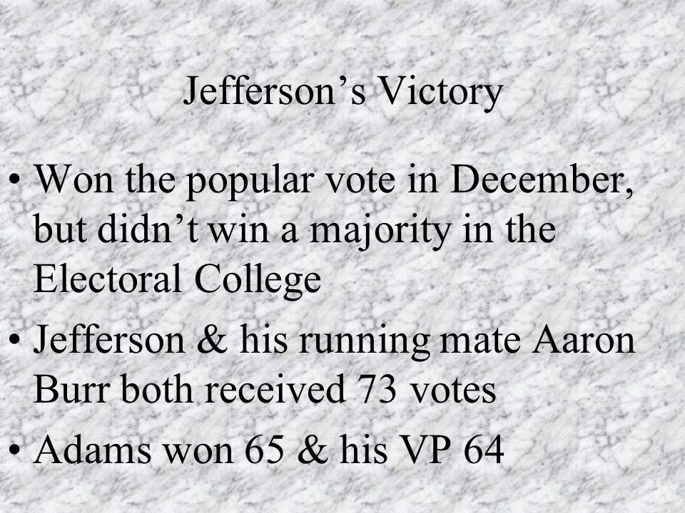 Jefferson’s Victory Won the popular vote in December, but didn’t win a majority in the Electoral College Jefferson & his running mate Aaron Burr both received 73 votes Adams won 65 & his VP 64