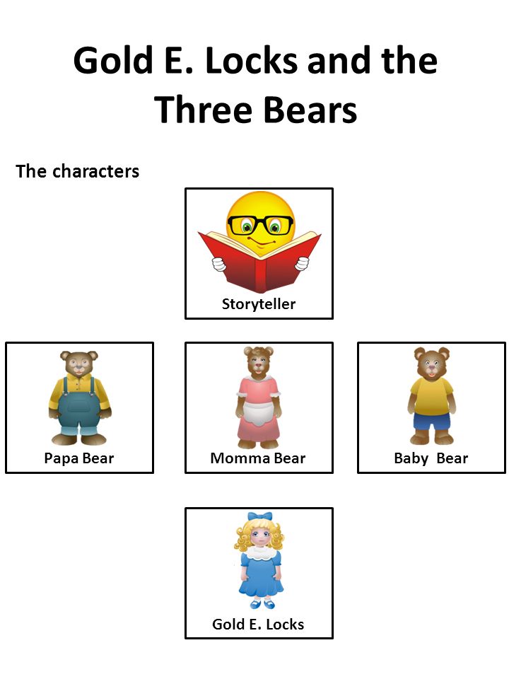 Gold E. Locks and the Three Bears The characters Papa BearBaby BearMomma BearGold E.