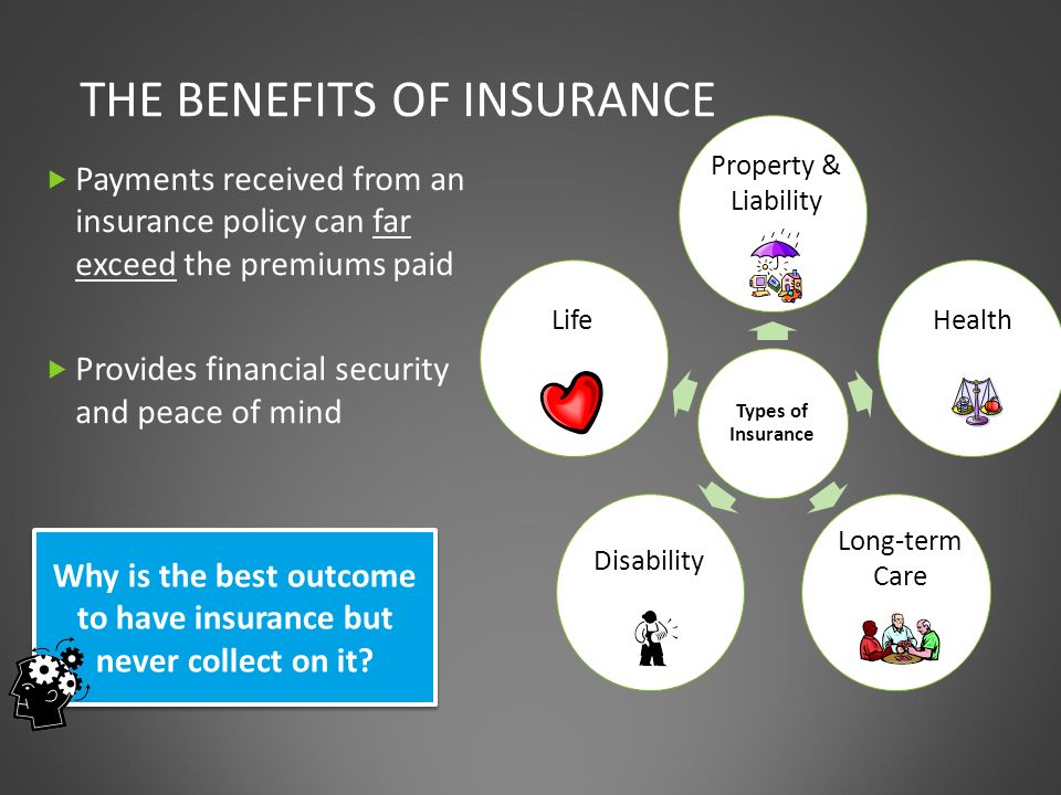 THE BENEFITS OF INSURANCE  Payments received from an insurance policy can far exceed the premiums paid  Provides financial security and peace of mind Why is the best outcome to have insurance but never collect on it.