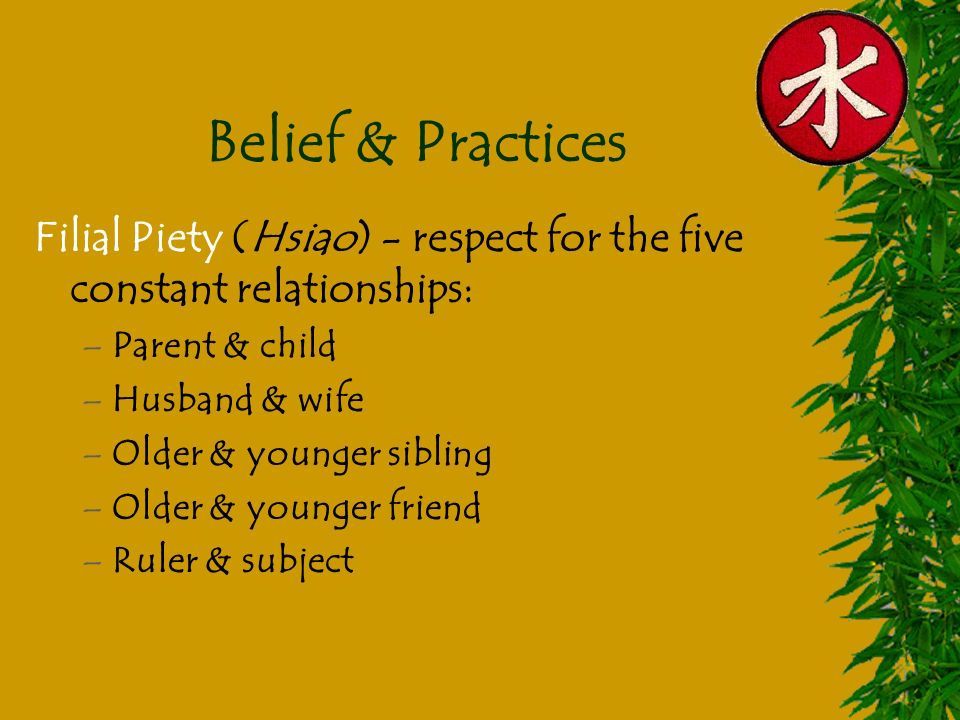 Belief & Practices Filial Piety (Hsiao) - respect for the five constant relationships: –Parent & child –Husband & wife –Older & younger sibling –Older & younger friend –Ruler & subject