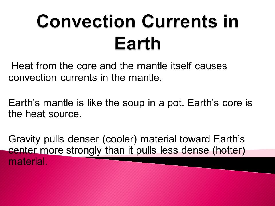 Heat from the core and the mantle itself causes convection currents in the mantle.
