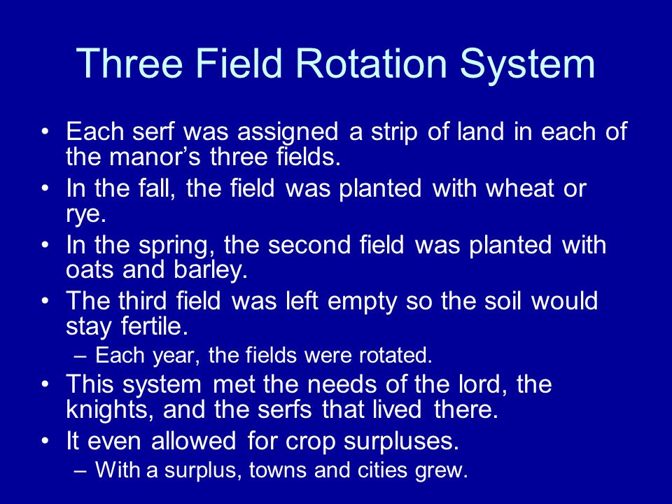 Three Field Rotation System Each serf was assigned a strip of land in each of the manor’s three fields.
