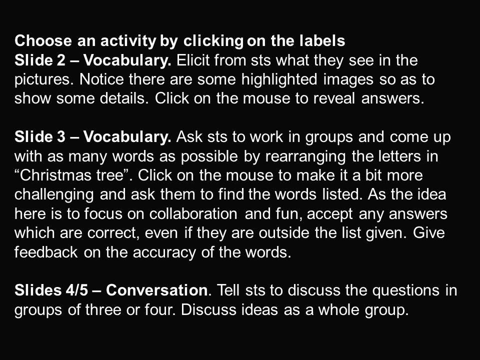 Choose an activity by clicking on the labels Slide 2 – Vocabulary.