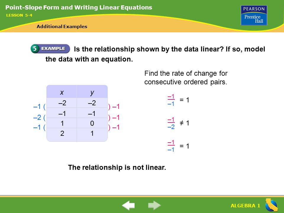 ALGEBRA 1 The relationship is not linear. Is the relationship shown by the data linear.