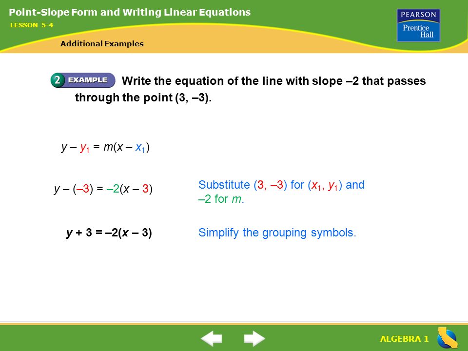 ALGEBRA 1 Simplify the grouping symbols.y + 3 = –2(x – 3) Write the equation of the line with slope –2 that passes through the point (3, –3).