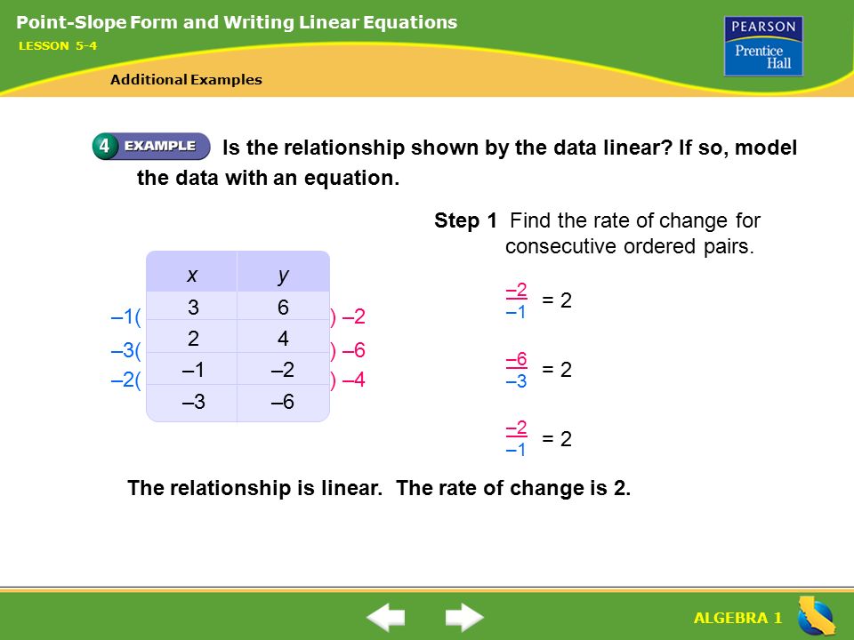 ALGEBRA 1 Step 1 Find the rate of change for consecutive ordered pairs.