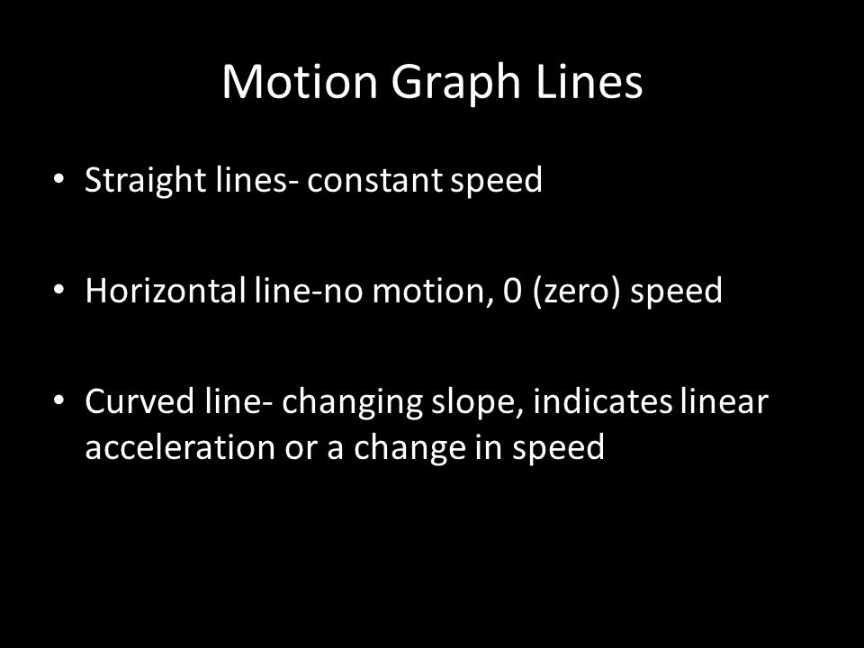 Motion Graph Lines Straight lines- constant speed Horizontal line-no motion, 0 (zero) speed Curved line- changing slope, indicates linear acceleration or a change in speed