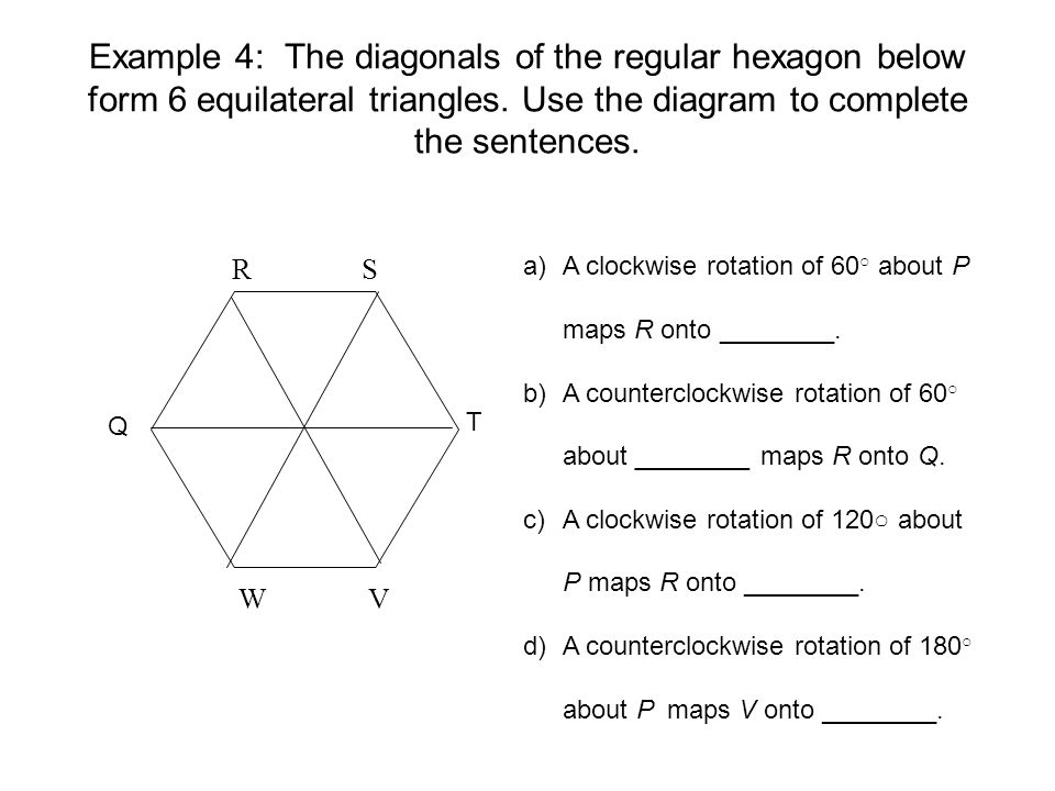 Example 4: The diagonals of the regular hexagon below form 6 equilateral triangles.