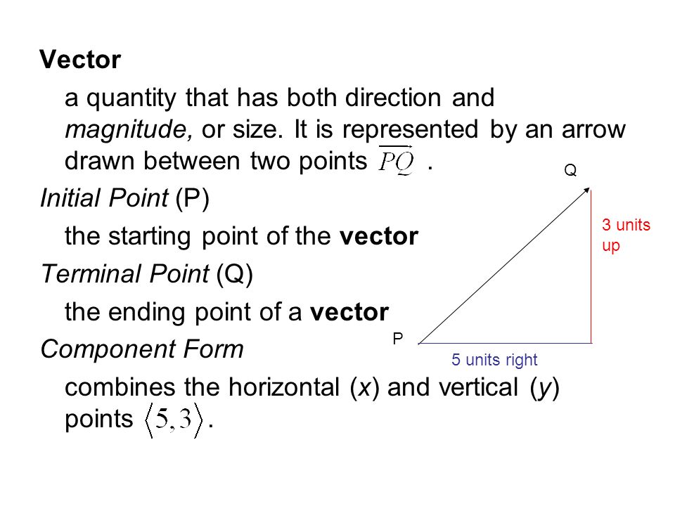 Vector a quantity that has both direction and magnitude, or size.