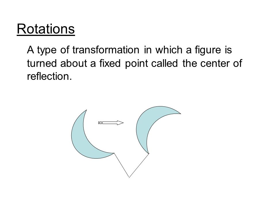 Rotations A type of transformation in which a figure is turned about a fixed point called the center of reflection.
