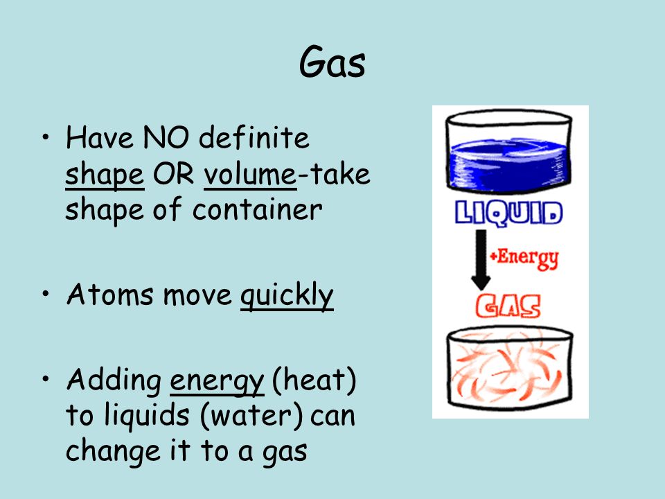 Gas Have NO definite shape OR volume-take shape of container Atoms move quickly Adding energy (heat) to liquids (water) can change it to a gas