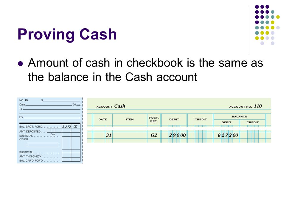 Proving Cash Amount of cash in checkbook is the same as the balance in the Cash account