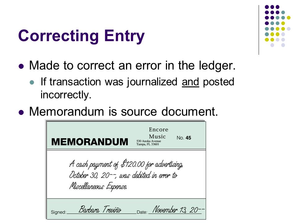 Correcting Entry Made to correct an error in the ledger.