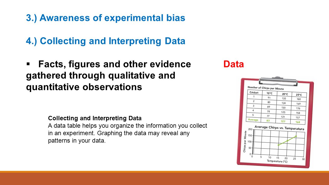 3.) Awareness of experimental bias 4.) Collecting and Interpreting Data  Facts, figures and other evidence Data gathered through qualitative and quantitative observations Collecting and Interpreting Data A data table helps you organize the information you collect in an experiment.