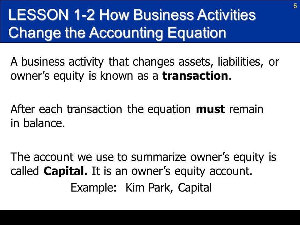 5 A business activity that changes assets, liabilities, or owner’s equity is known as a transaction.