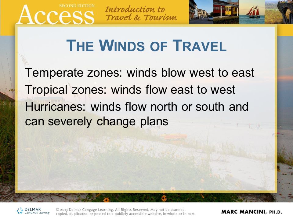 T HE W INDS OF T RAVEL Temperate zones: winds blow west to east Tropical zones: winds flow east to west Hurricanes: winds flow north or south and can severely change plans