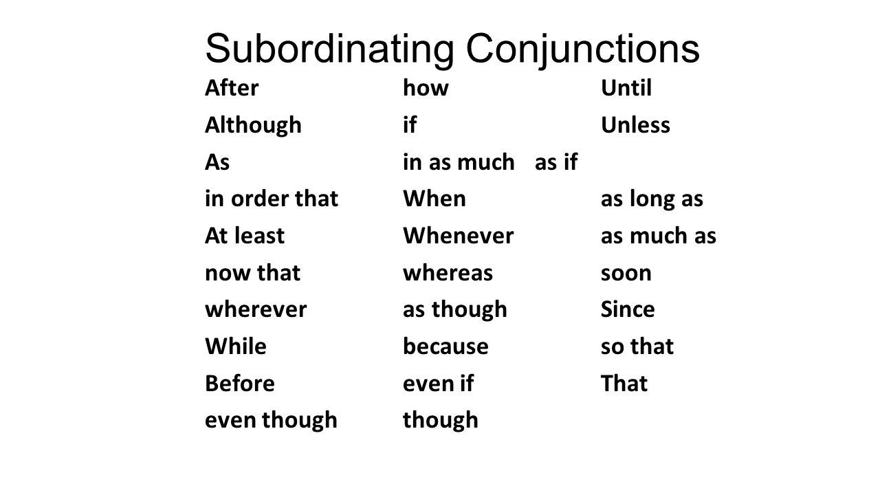 Subordinating Conjunctions Afterhow Until Althoughif Unless Asin as much as if in order thatWhenas long as At least Wheneveras much as now that whereas soon whereveras though Since Whilebecauseso that Beforeeven if That even though though