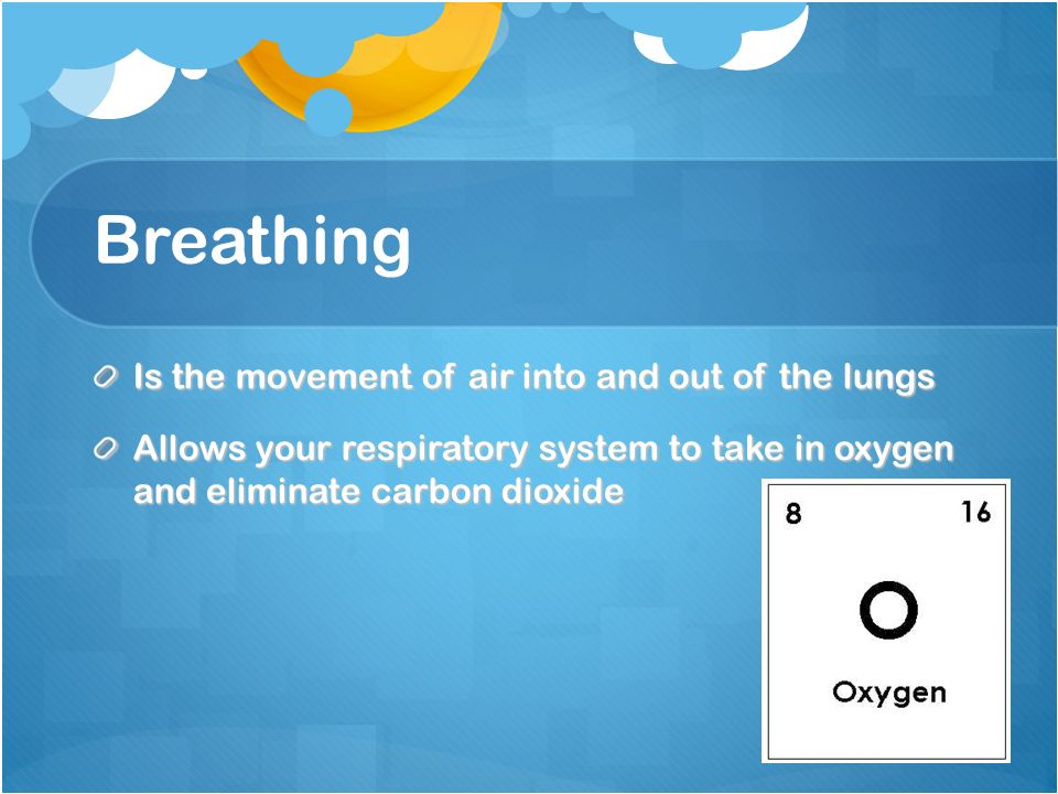 Breathing Is the movement of air into and out of the lungs Allows your respiratory system to take in oxygen and eliminate carbon dioxide