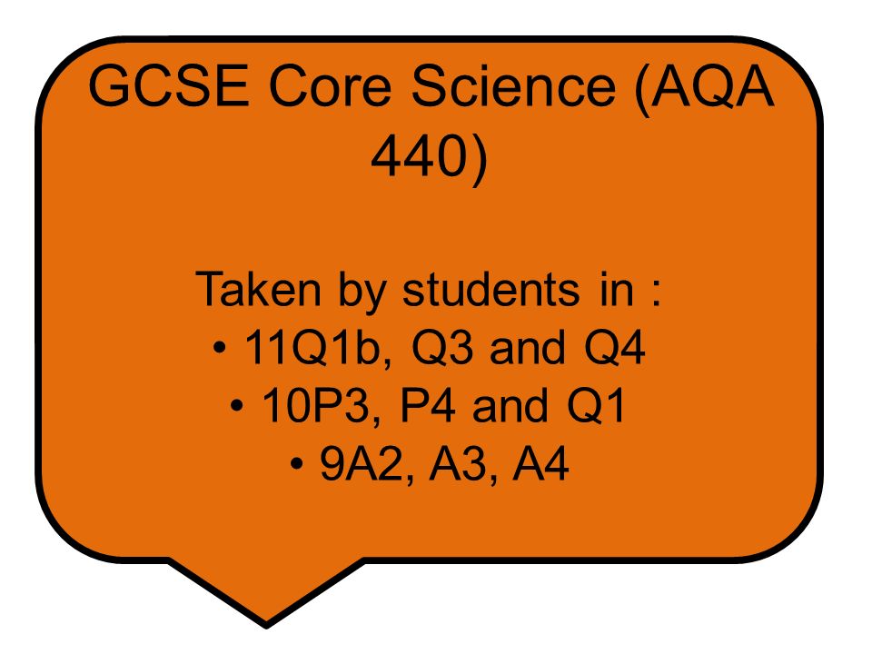 GCSE Core Science (AQA 440) Taken by students in : 11Q1b, Q3 and Q4 10P3, P4 and Q1 9A2, A3, A4