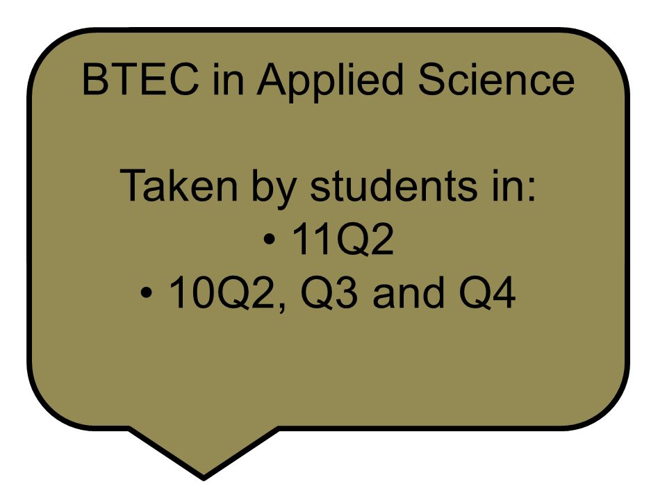 BTEC in Applied Science Taken by students in: 11Q2 10Q2, Q3 and Q4