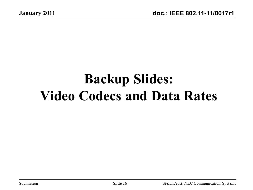doc.: IEEE /0017r1 January 2011 Stefan Aust, NEC Communication Systems Submission Backup Slides: Video Codecs and Data Rates Slide 16