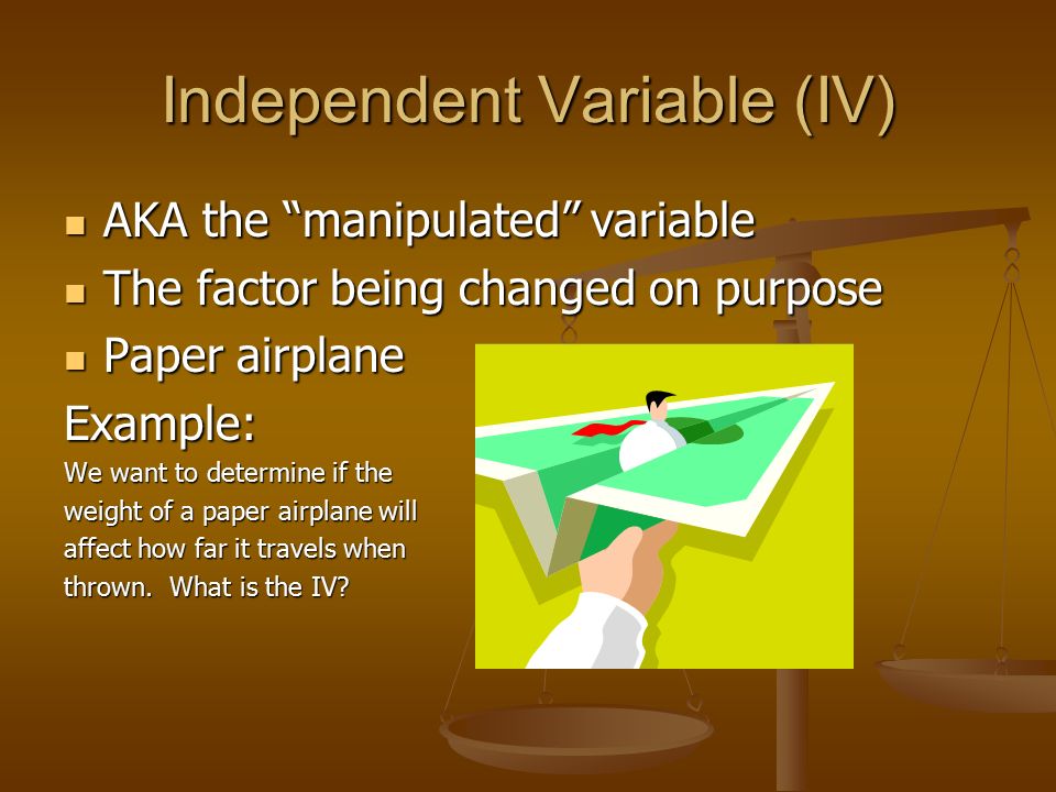 Independent Variable (IV) AKA the manipulated variable AKA the manipulated variable The factor being changed on purpose The factor being changed on purpose Paper airplane Paper airplaneExample: We want to determine if the weight of a paper airplane will affect how far it travels when thrown.