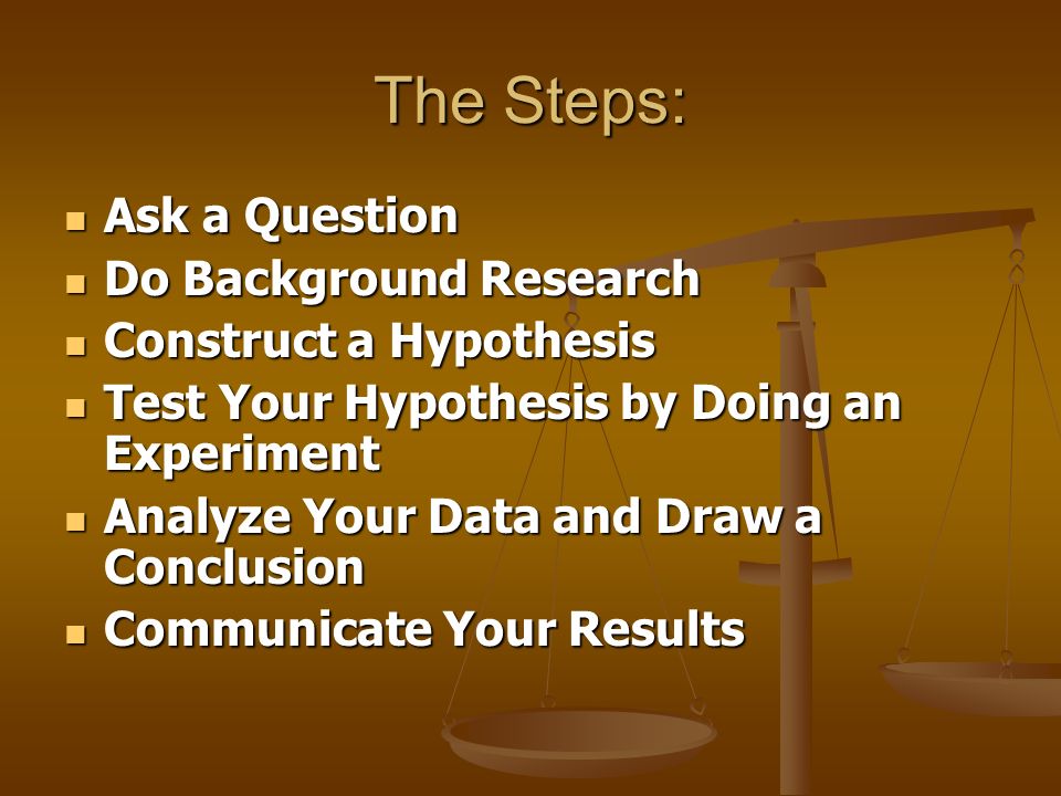 The Steps: Ask a Question Ask a Question Do Background Research Do Background Research Construct a Hypothesis Construct a Hypothesis Test Your Hypothesis by Doing an Experiment Test Your Hypothesis by Doing an Experiment Analyze Your Data and Draw a Conclusion Analyze Your Data and Draw a Conclusion Communicate Your Results Communicate Your Results