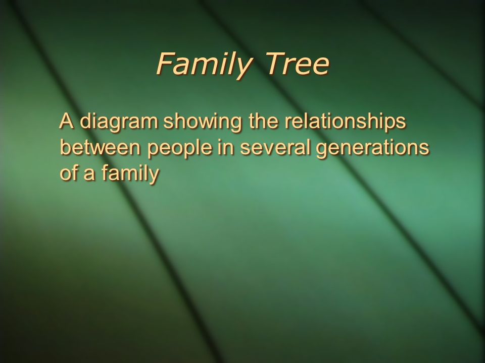 Family Tree A diagram showing the relationships between people in several generations of a family