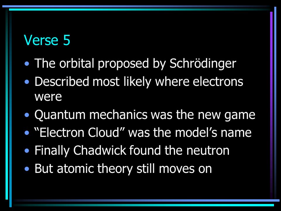 Verse 5 The orbital proposed by Schrödinger Described most likely where electrons were Quantum mechanics was the new game Electron Cloud was the model’s name Finally Chadwick found the neutron But atomic theory still moves on