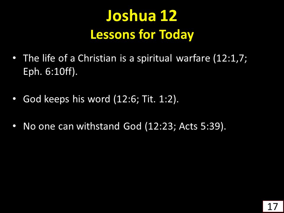 Joshua 12 Lessons for Today The life of a Christian is a spiritual warfare (12:1,7; Eph.
