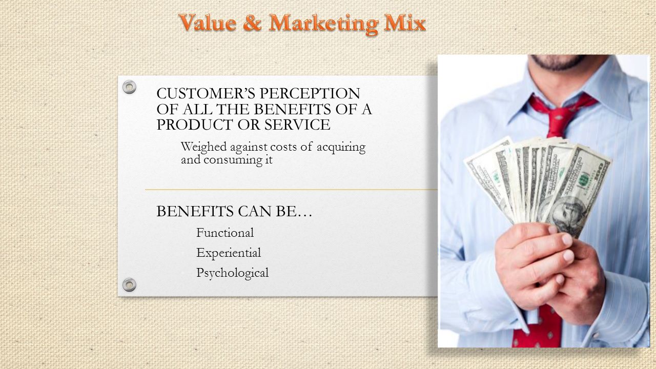CUSTOMER’S PERCEPTION OF ALL THE BENEFITS OF A PRODUCT OR SERVICE Weighed against costs of acquiring and consuming it BENEFITS CAN BE… Functional Experiential Psychological