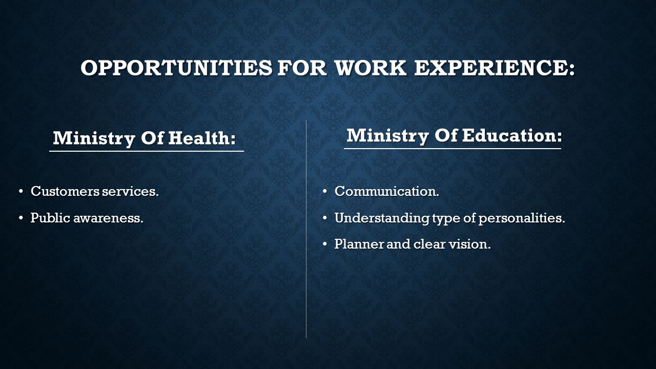 OPPORTUNITIES FOR WORK EXPERIENCE: Customers services.