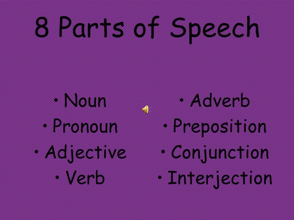 8 Parts of Speech Noun Pronoun Adjective Verb Adverb Preposition Conjunction Interjection