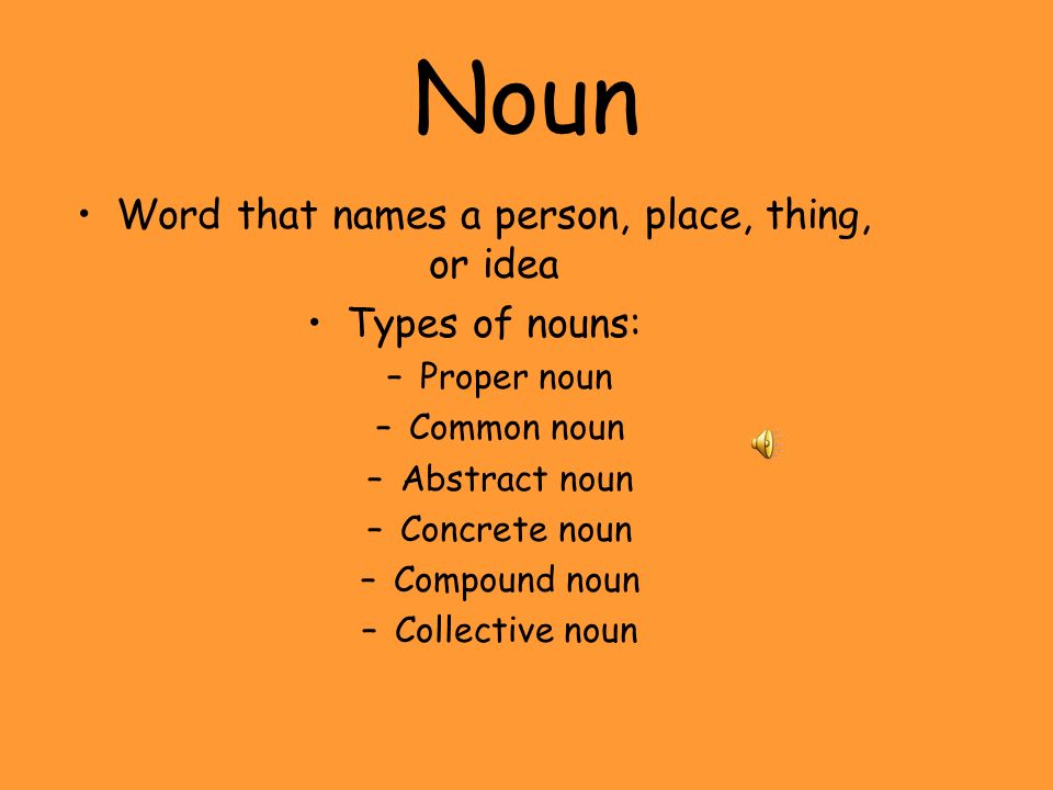 Noun Word that names a person, place, thing, or idea Types of nouns: –Proper noun –Common noun –Abstract noun –Concrete noun –Compound noun –Collective noun