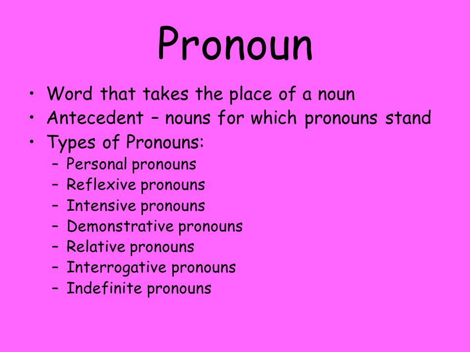 Pronoun Word that takes the place of a noun Antecedent – nouns for which pronouns stand Types of Pronouns: –Personal pronouns –Reflexive pronouns –Intensive pronouns –Demonstrative pronouns –Relative pronouns –Interrogative pronouns –Indefinite pronouns