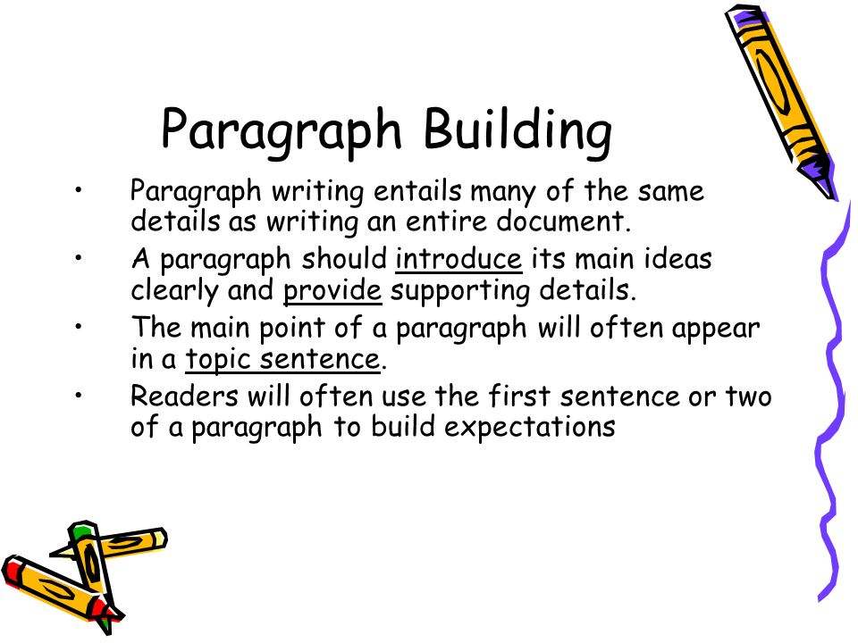 Paragraph Building Paragraph writing entails many of the same details as writing an entire document.