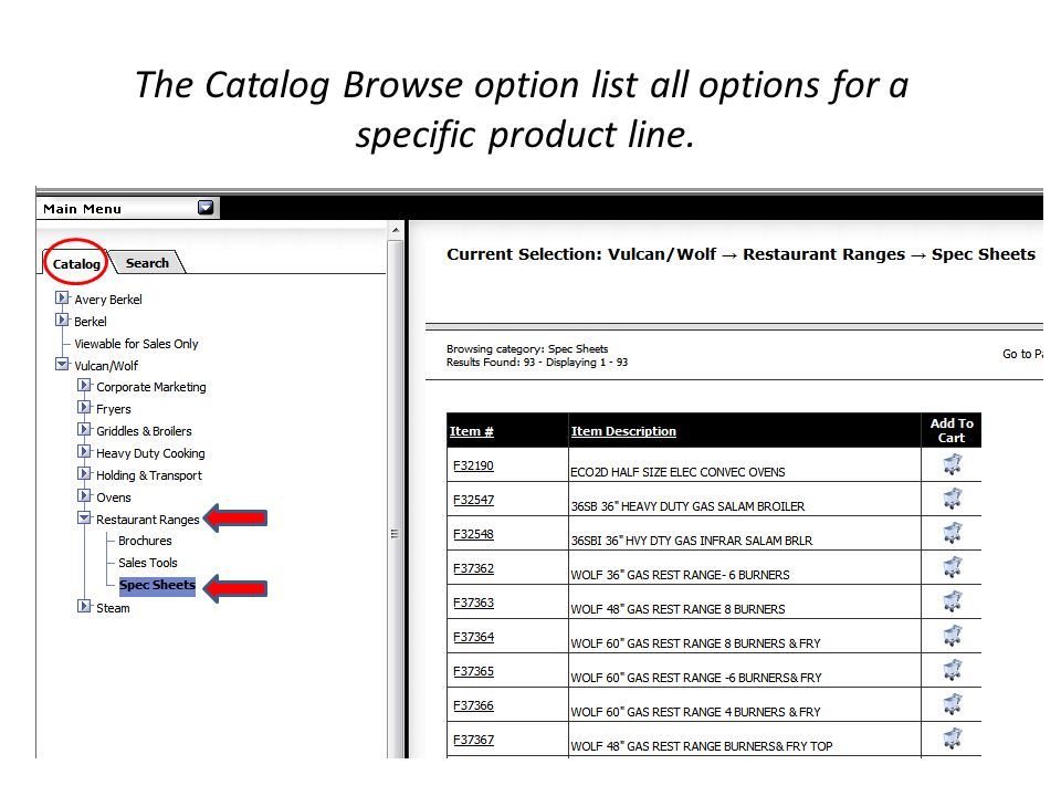 The Catalog Browse option list all options for a specific product line.