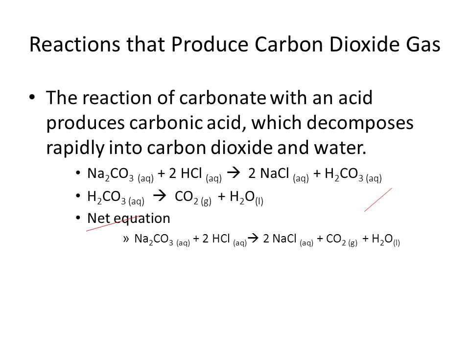 Reactions that Produce Carbon Dioxide Gas The reaction of carbonate with an acid produces carbonic acid, which decomposes rapidly into carbon dioxide and water.