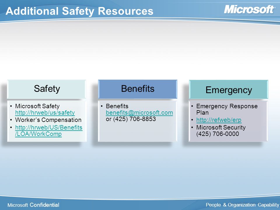 Microsoft Confidential People & Organization Capability Additional Safety Resources