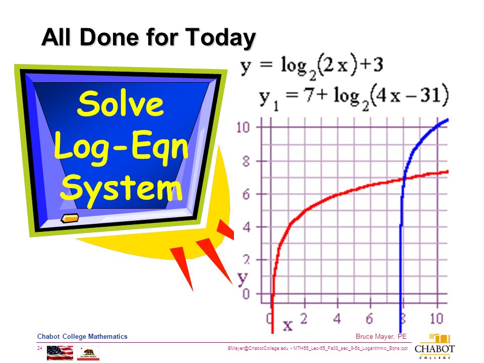 MTH55_Lec-65_Fa08_sec_9-5b_Logarithmic_Eqns.ppt 24 Bruce Mayer, PE Chabot College Mathematics All Done for Today Solve Log-Eqn System