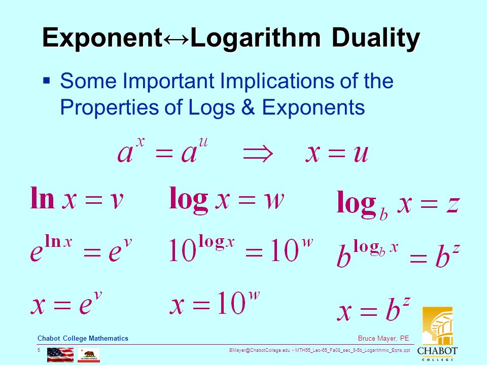 MTH55_Lec-65_Fa08_sec_9-5b_Logarithmic_Eqns.ppt 5 Bruce Mayer, PE Chabot College Mathematics Exponent↔Logarithm Duality  Some Important Implications of the Properties of Logs & Exponents