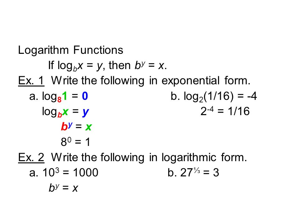 Logarithm Functions If log b x = y, then b y = x. Ex.