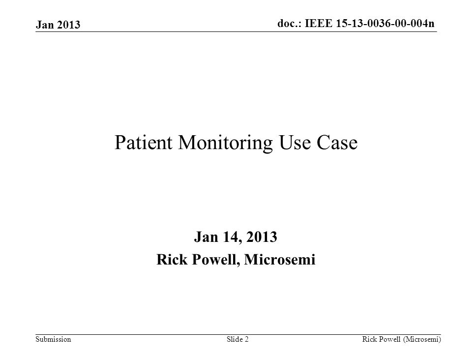 doc.: IEEE n Submission Patient Monitoring Use Case Jan 14, 2013 Rick Powell, Microsemi Jan 2013 Rick Powell (Microsemi)Slide 2