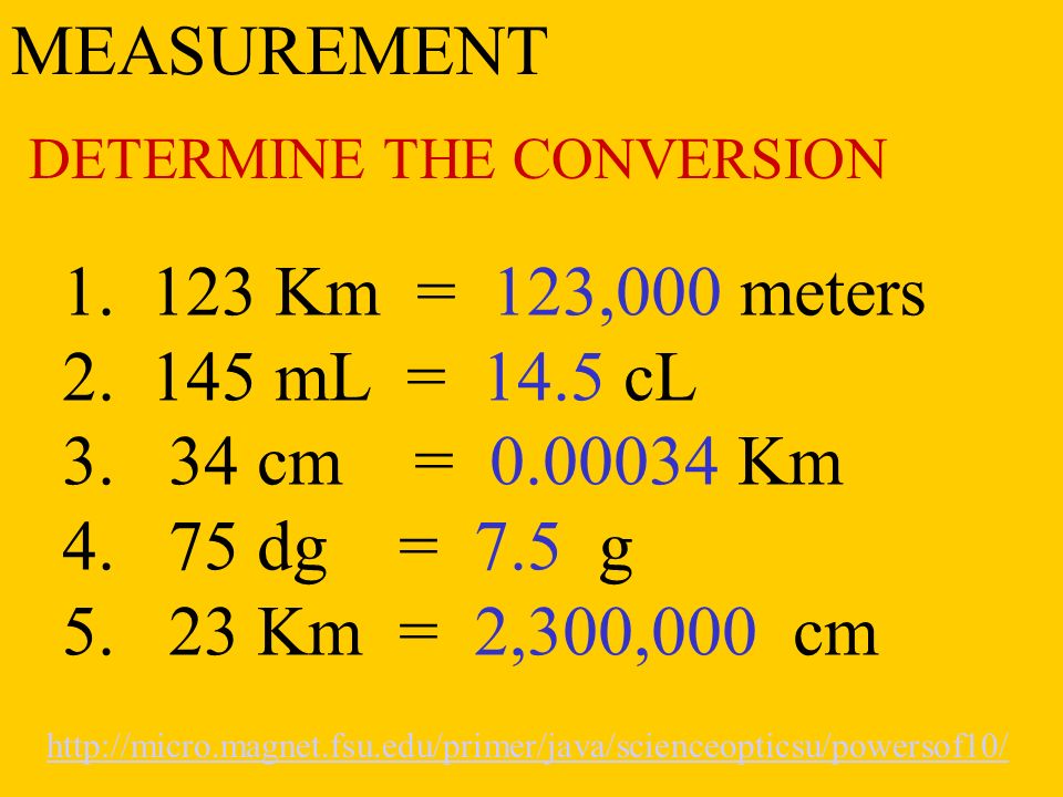 MEASUREMENT DETERMINE THE CONVERSION Km = 123,000 meters 2.