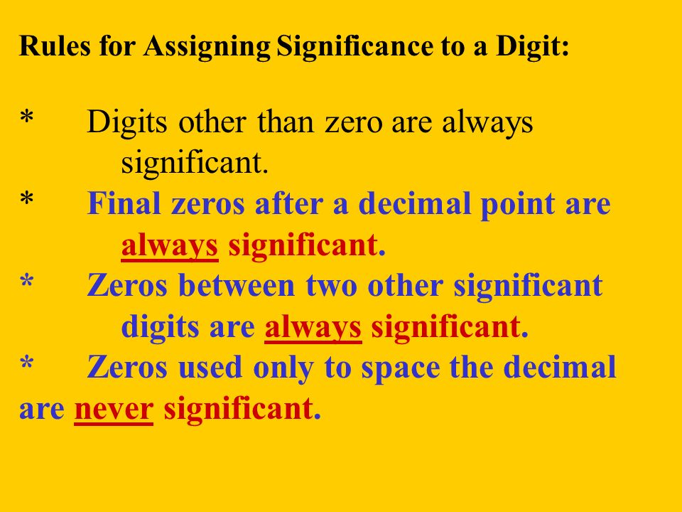 Rules for Assigning Significance to a Digit: *Digits other than zero are always significant.