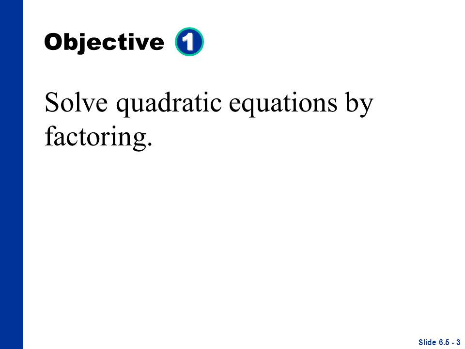 1 Objective 1 Solve quadratic equations by factoring. Slide