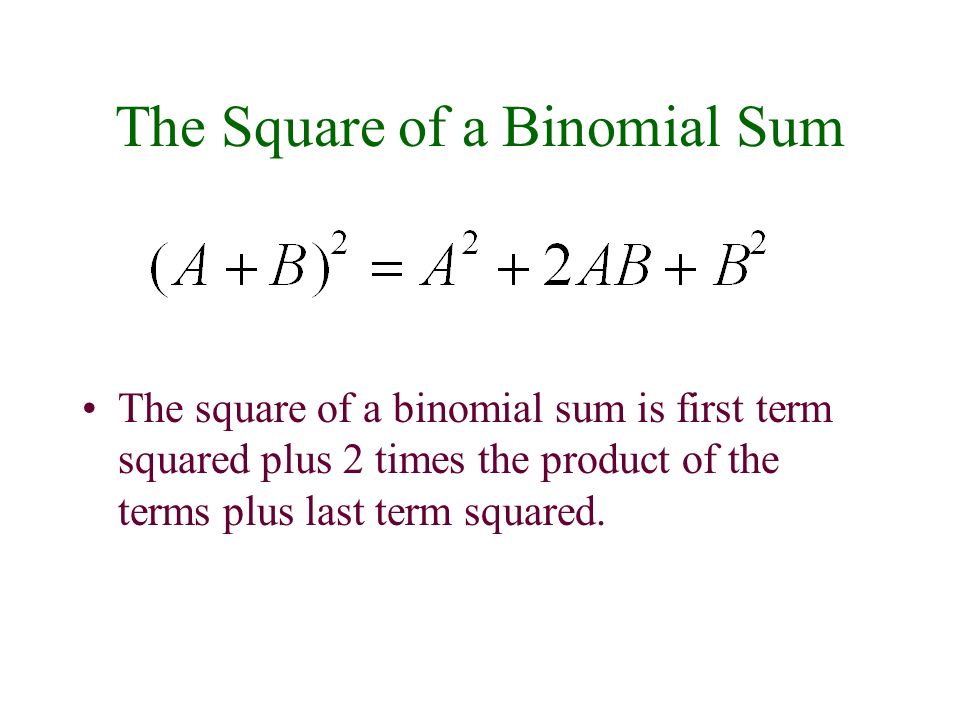 The Square of a Binomial Sum The square of a binomial sum is first term squared plus 2 times the product of the terms plus last term squared.