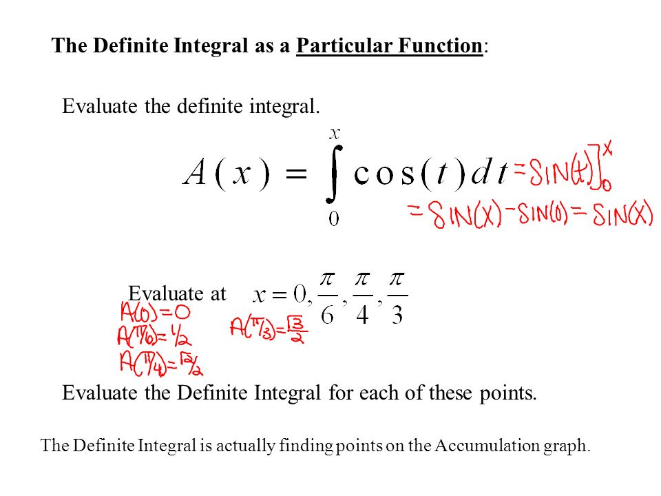 The Definite Integral as a Particular Function: Evaluate at Evaluate the Definite Integral for each of these points.